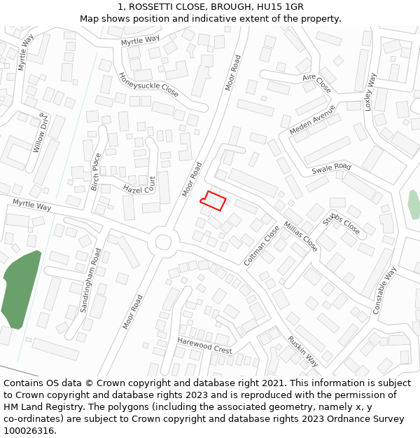1, ROSSETTI CLOSE, BROUGH, HU15 1GR: Location map and indicative extent of plot