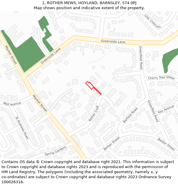 1, ROTHER MEWS, HOYLAND, BARNSLEY, S74 0PJ: Location map and indicative extent of plot