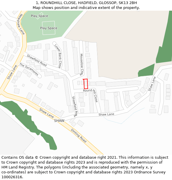 1, ROUNDHILL CLOSE, HADFIELD, GLOSSOP, SK13 2BH: Location map and indicative extent of plot