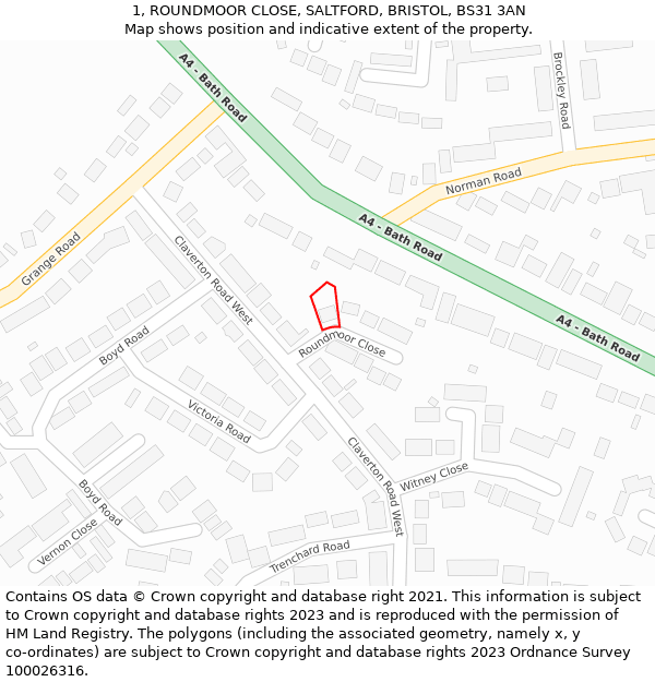 1, ROUNDMOOR CLOSE, SALTFORD, BRISTOL, BS31 3AN: Location map and indicative extent of plot