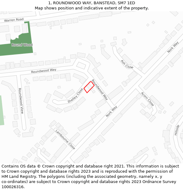 1, ROUNDWOOD WAY, BANSTEAD, SM7 1ED: Location map and indicative extent of plot