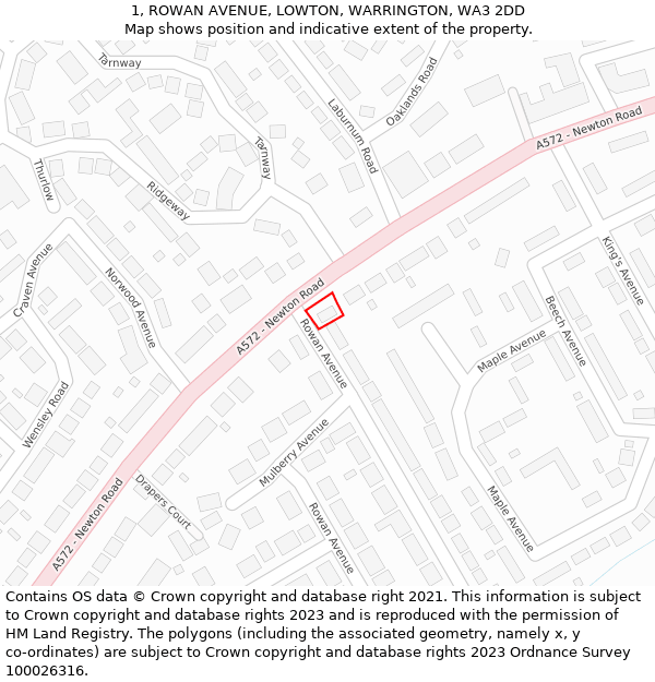 1, ROWAN AVENUE, LOWTON, WARRINGTON, WA3 2DD: Location map and indicative extent of plot