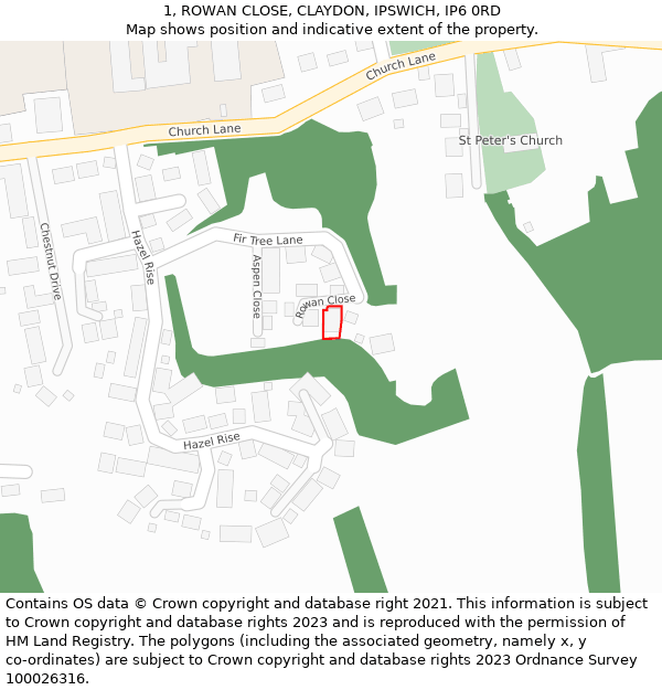 1, ROWAN CLOSE, CLAYDON, IPSWICH, IP6 0RD: Location map and indicative extent of plot