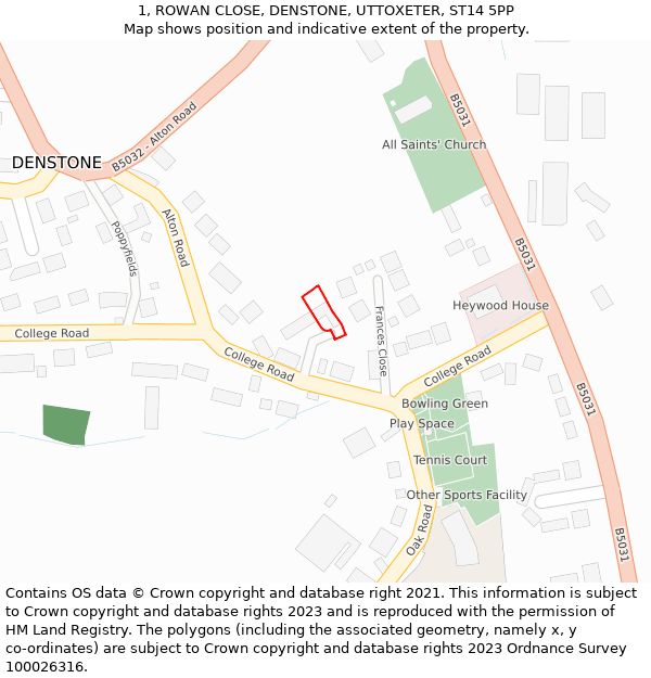 1, ROWAN CLOSE, DENSTONE, UTTOXETER, ST14 5PP: Location map and indicative extent of plot