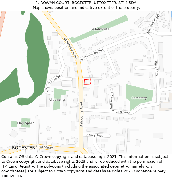 1, ROWAN COURT, ROCESTER, UTTOXETER, ST14 5DA: Location map and indicative extent of plot