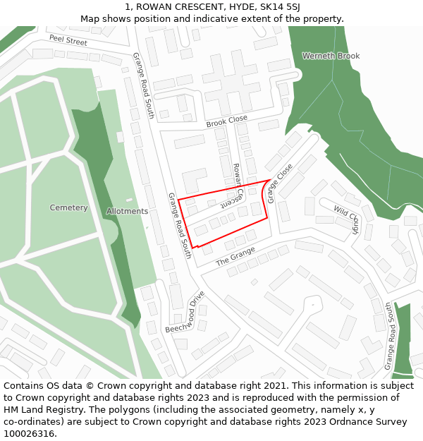 1, ROWAN CRESCENT, HYDE, SK14 5SJ: Location map and indicative extent of plot