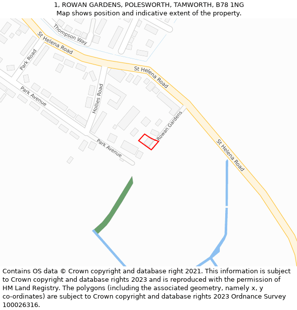 1, ROWAN GARDENS, POLESWORTH, TAMWORTH, B78 1NG: Location map and indicative extent of plot