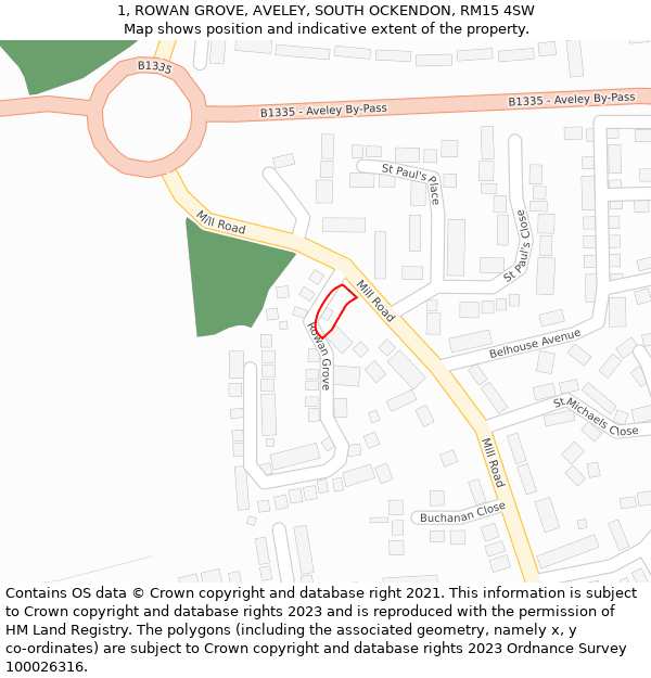 1, ROWAN GROVE, AVELEY, SOUTH OCKENDON, RM15 4SW: Location map and indicative extent of plot