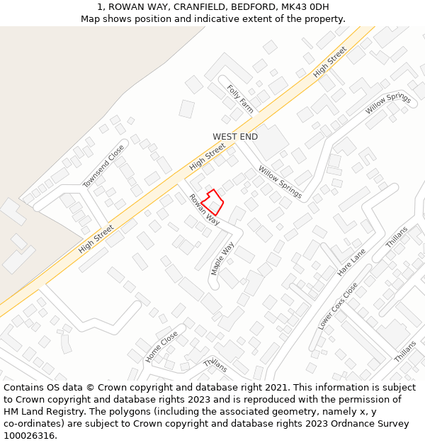 1, ROWAN WAY, CRANFIELD, BEDFORD, MK43 0DH: Location map and indicative extent of plot