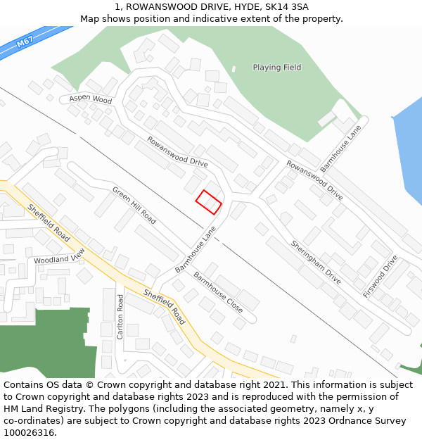 1, ROWANSWOOD DRIVE, HYDE, SK14 3SA: Location map and indicative extent of plot