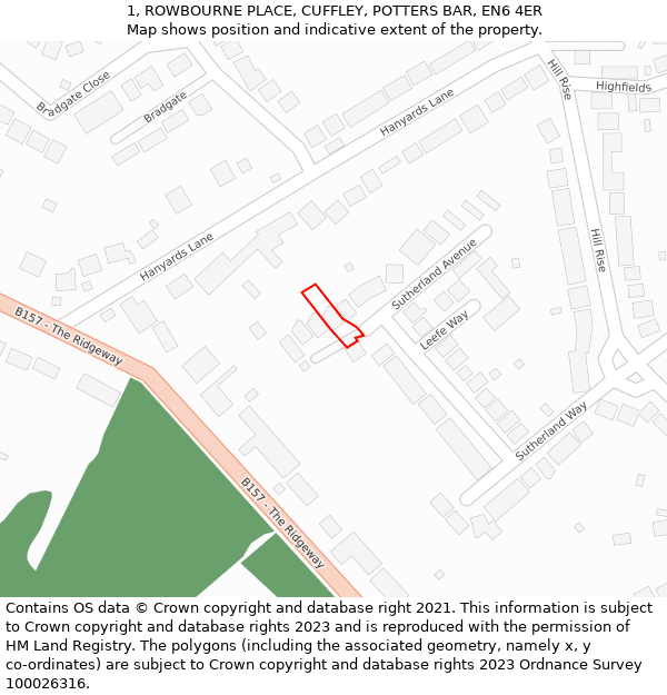 1, ROWBOURNE PLACE, CUFFLEY, POTTERS BAR, EN6 4ER: Location map and indicative extent of plot
