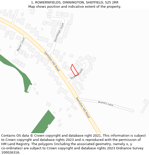 1, ROWERNFIELDS, DINNINGTON, SHEFFIELD, S25 2RR: Location map and indicative extent of plot