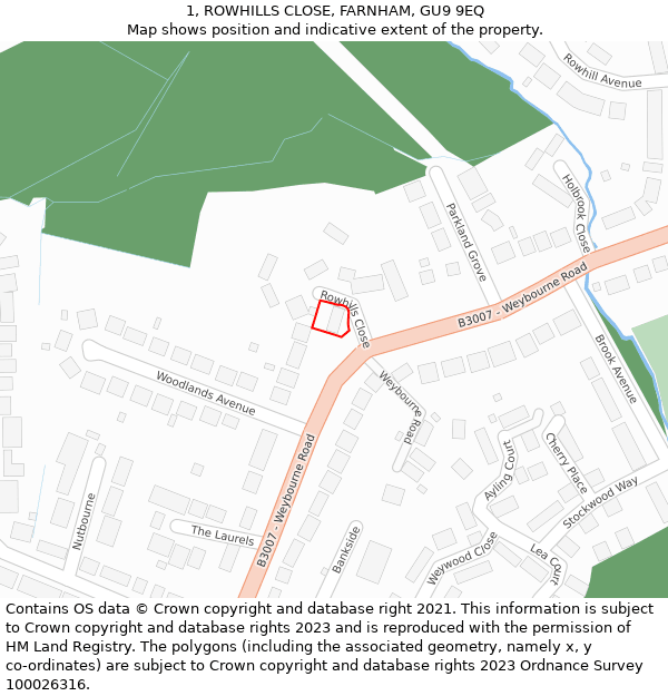 1, ROWHILLS CLOSE, FARNHAM, GU9 9EQ: Location map and indicative extent of plot