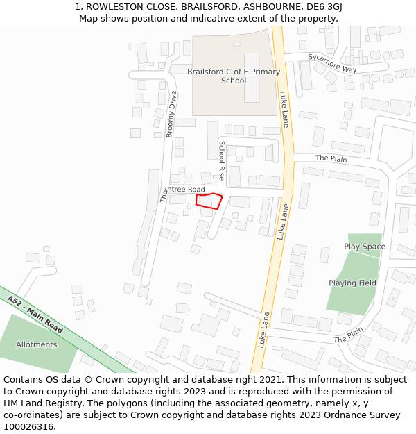 1, ROWLESTON CLOSE, BRAILSFORD, ASHBOURNE, DE6 3GJ: Location map and indicative extent of plot