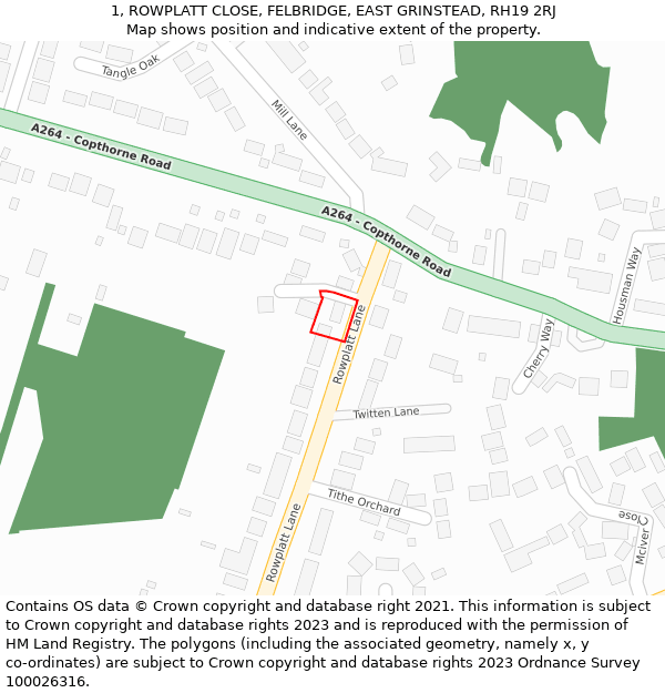 1, ROWPLATT CLOSE, FELBRIDGE, EAST GRINSTEAD, RH19 2RJ: Location map and indicative extent of plot