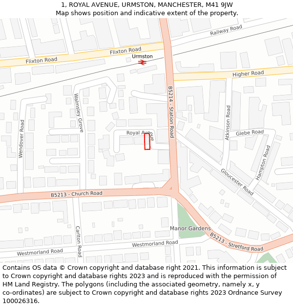1, ROYAL AVENUE, URMSTON, MANCHESTER, M41 9JW: Location map and indicative extent of plot