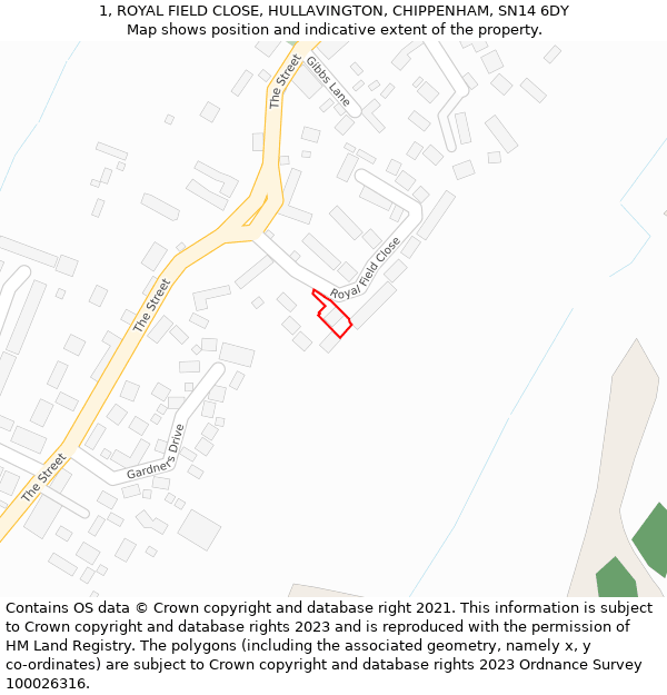 1, ROYAL FIELD CLOSE, HULLAVINGTON, CHIPPENHAM, SN14 6DY: Location map and indicative extent of plot