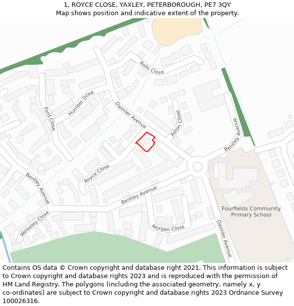 1, ROYCE CLOSE, YAXLEY, PETERBOROUGH, PE7 3QY: Location map and indicative extent of plot