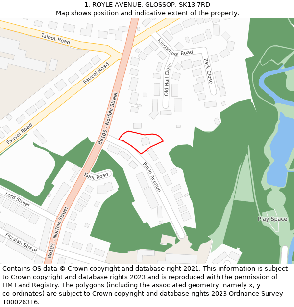 1, ROYLE AVENUE, GLOSSOP, SK13 7RD: Location map and indicative extent of plot