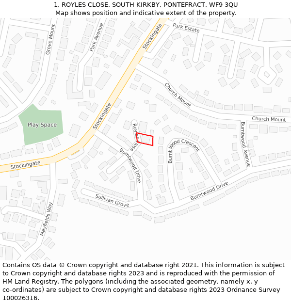 1, ROYLES CLOSE, SOUTH KIRKBY, PONTEFRACT, WF9 3QU: Location map and indicative extent of plot