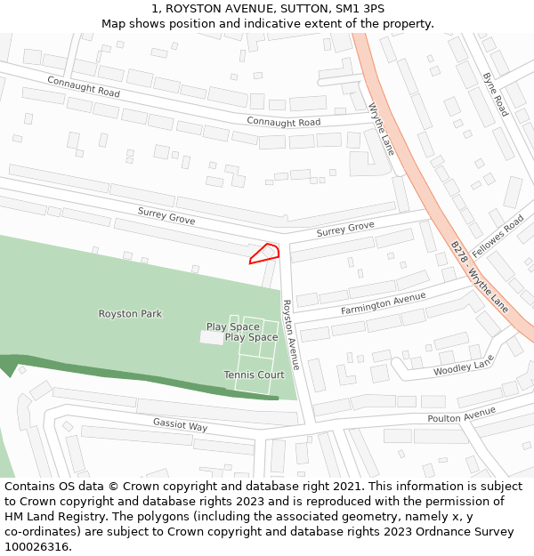 1, ROYSTON AVENUE, SUTTON, SM1 3PS: Location map and indicative extent of plot
