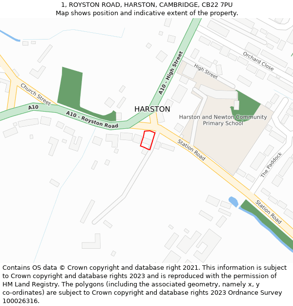 1, ROYSTON ROAD, HARSTON, CAMBRIDGE, CB22 7PU: Location map and indicative extent of plot
