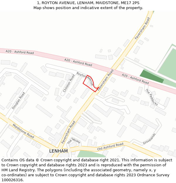 1, ROYTON AVENUE, LENHAM, MAIDSTONE, ME17 2PS: Location map and indicative extent of plot