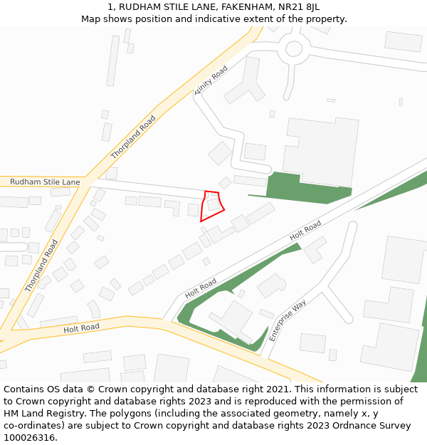 1, RUDHAM STILE LANE, FAKENHAM, NR21 8JL: Location map and indicative extent of plot