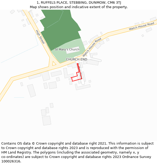 1, RUFFELS PLACE, STEBBING, DUNMOW, CM6 3TJ: Location map and indicative extent of plot