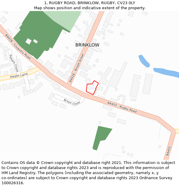 1, RUGBY ROAD, BRINKLOW, RUGBY, CV23 0LY: Location map and indicative extent of plot