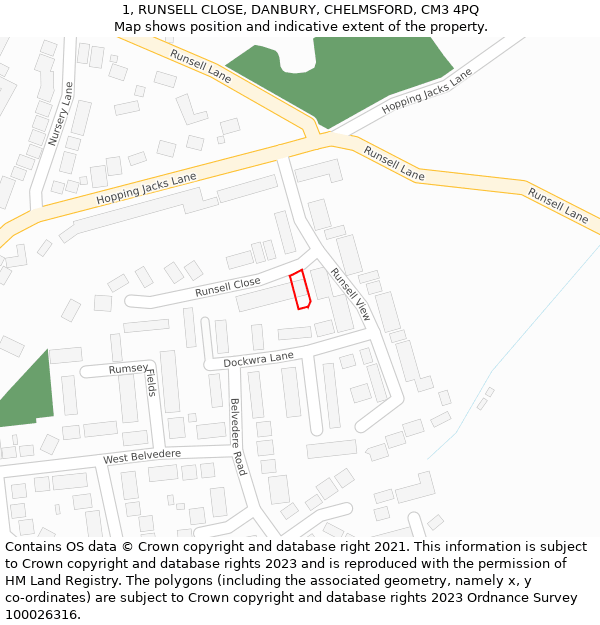 1, RUNSELL CLOSE, DANBURY, CHELMSFORD, CM3 4PQ: Location map and indicative extent of plot