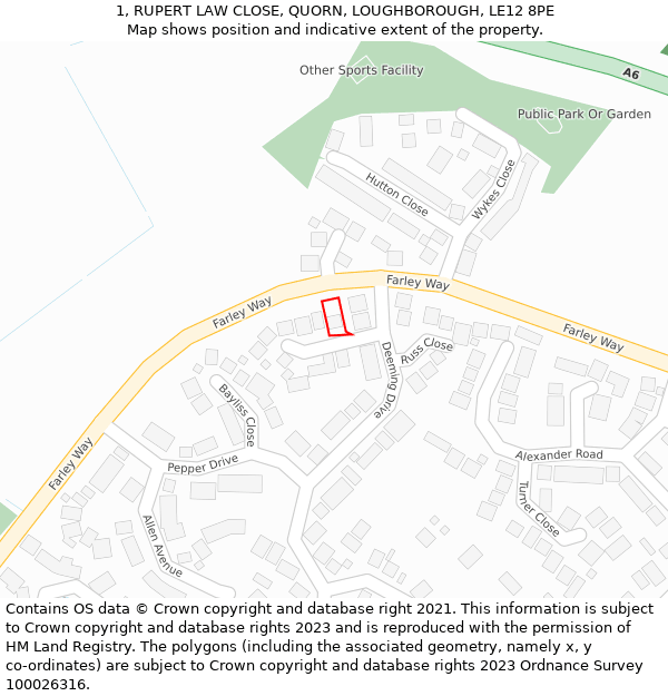 1, RUPERT LAW CLOSE, QUORN, LOUGHBOROUGH, LE12 8PE: Location map and indicative extent of plot