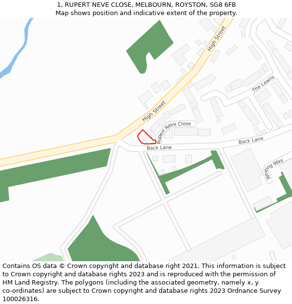 1, RUPERT NEVE CLOSE, MELBOURN, ROYSTON, SG8 6FB: Location map and indicative extent of plot