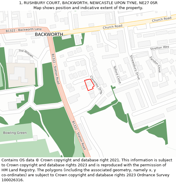 1, RUSHBURY COURT, BACKWORTH, NEWCASTLE UPON TYNE, NE27 0SR: Location map and indicative extent of plot