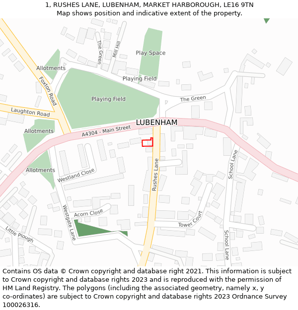 1, RUSHES LANE, LUBENHAM, MARKET HARBOROUGH, LE16 9TN: Location map and indicative extent of plot