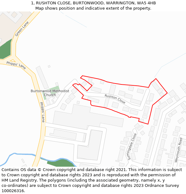 1, RUSHTON CLOSE, BURTONWOOD, WARRINGTON, WA5 4HB: Location map and indicative extent of plot