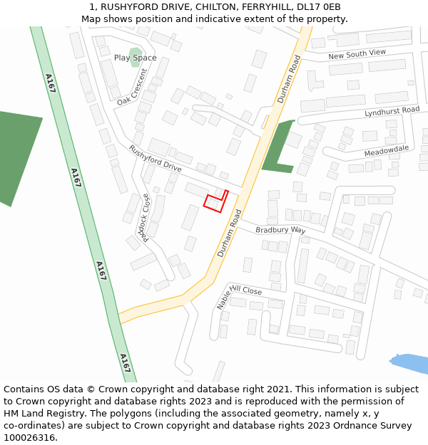 1, RUSHYFORD DRIVE, CHILTON, FERRYHILL, DL17 0EB: Location map and indicative extent of plot