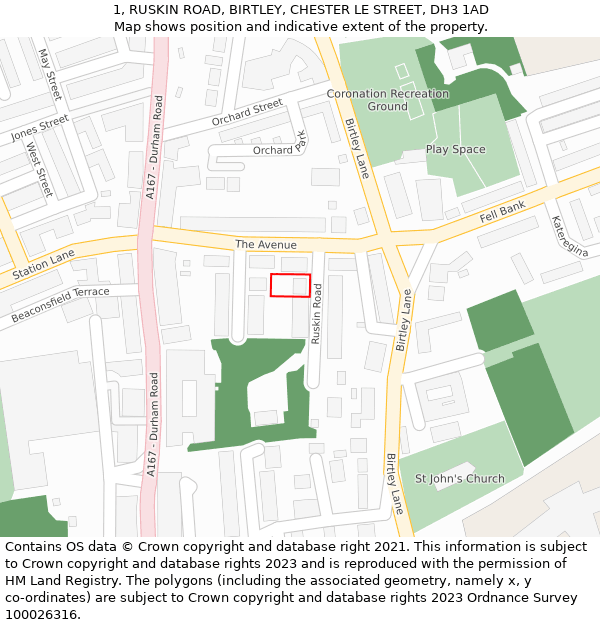 1, RUSKIN ROAD, BIRTLEY, CHESTER LE STREET, DH3 1AD: Location map and indicative extent of plot