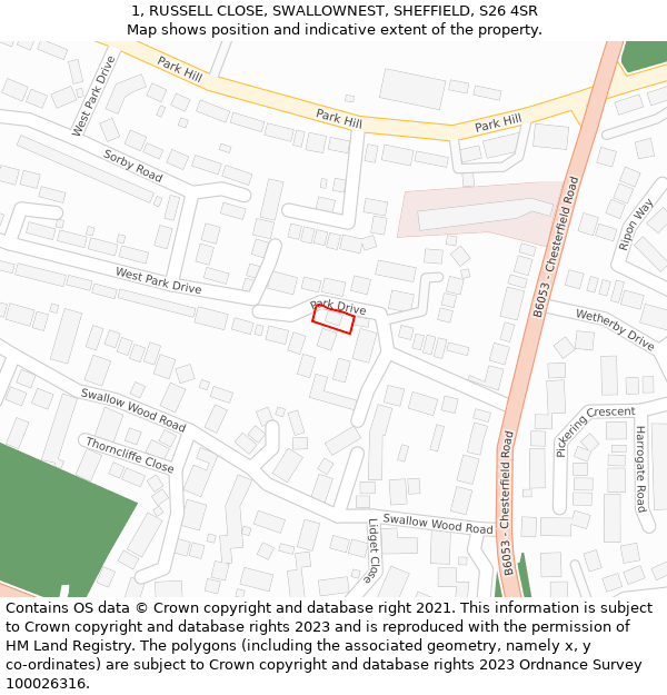 1, RUSSELL CLOSE, SWALLOWNEST, SHEFFIELD, S26 4SR: Location map and indicative extent of plot