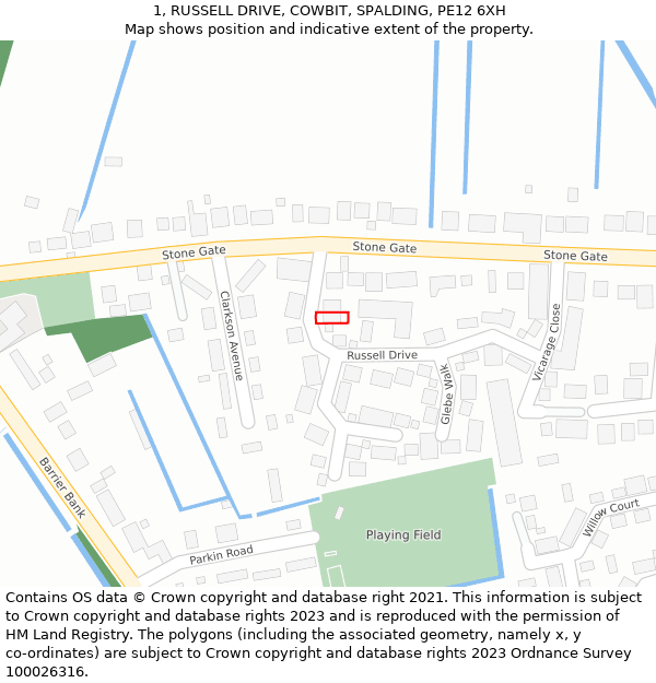 1, RUSSELL DRIVE, COWBIT, SPALDING, PE12 6XH: Location map and indicative extent of plot