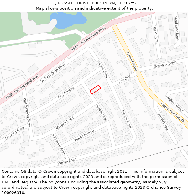 1, RUSSELL DRIVE, PRESTATYN, LL19 7YS: Location map and indicative extent of plot