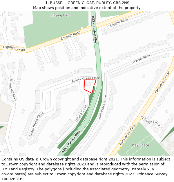 1, RUSSELL GREEN CLOSE, PURLEY, CR8 2NS: Location map and indicative extent of plot