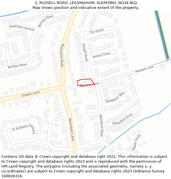 1, RUSSELL ROAD, LEASINGHAM, SLEAFORD, NG34 8LQ: Location map and indicative extent of plot