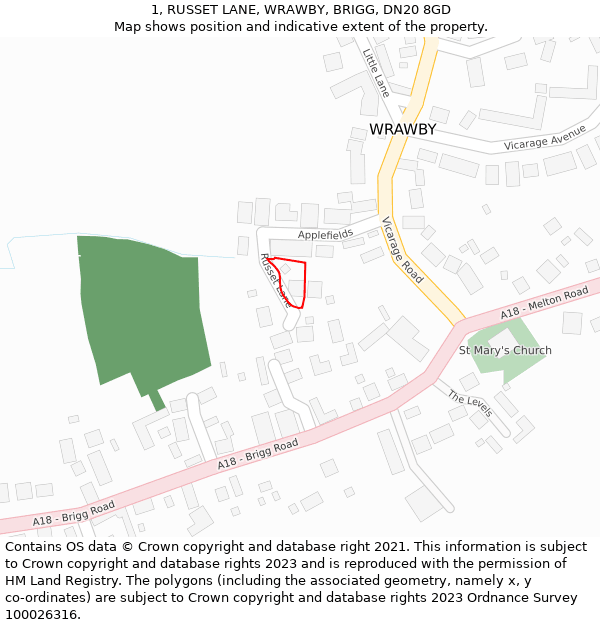 1, RUSSET LANE, WRAWBY, BRIGG, DN20 8GD: Location map and indicative extent of plot