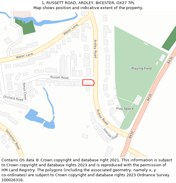 1, RUSSETT ROAD, ARDLEY, BICESTER, OX27 7PL: Location map and indicative extent of plot