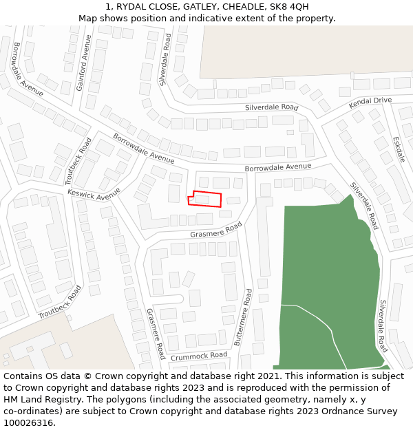 1, RYDAL CLOSE, GATLEY, CHEADLE, SK8 4QH: Location map and indicative extent of plot