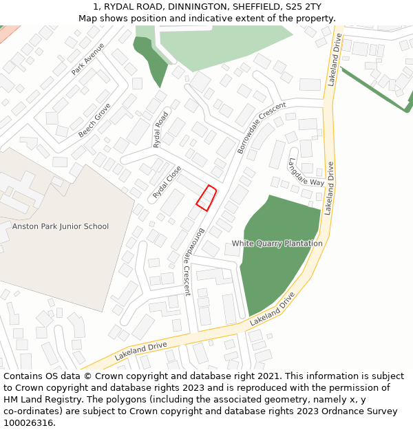 1, RYDAL ROAD, DINNINGTON, SHEFFIELD, S25 2TY: Location map and indicative extent of plot
