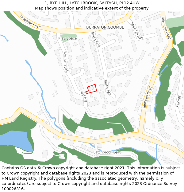 1, RYE HILL, LATCHBROOK, SALTASH, PL12 4UW: Location map and indicative extent of plot