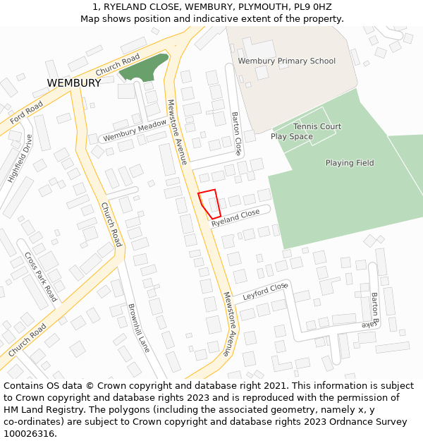 1, RYELAND CLOSE, WEMBURY, PLYMOUTH, PL9 0HZ: Location map and indicative extent of plot