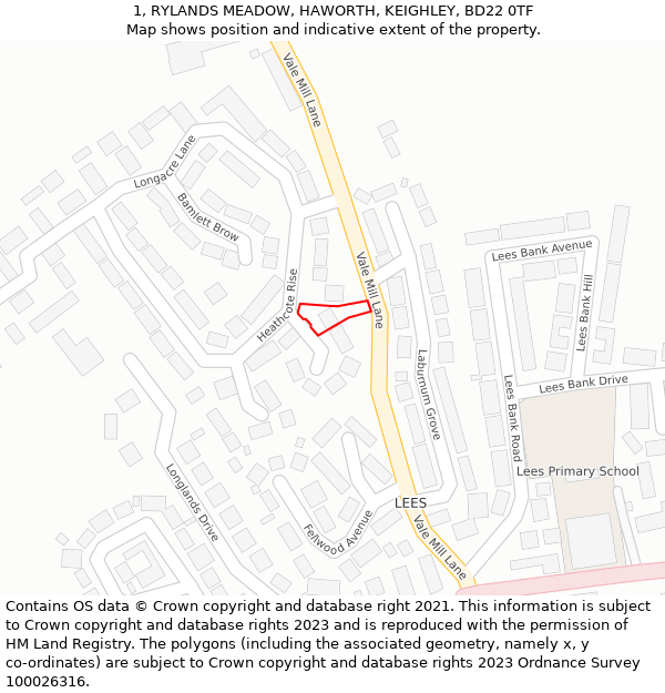 1, RYLANDS MEADOW, HAWORTH, KEIGHLEY, BD22 0TF: Location map and indicative extent of plot